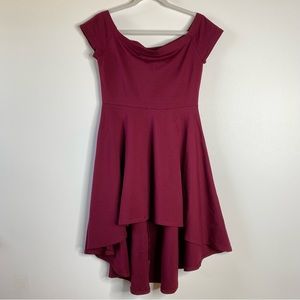 Windsor Juniors High Low Waterfall Hem Dress Sz L Maroon Cap Sleeves Fit Flare